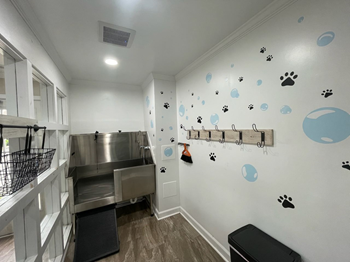 a dog kennel with a stainless steel sink and dog footprints on the wall